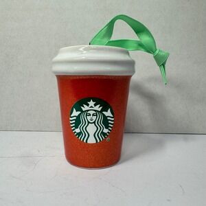 Starbucks Orange Glitter Coffee Cup Ceramic Ornament 2020 Holiday Siren Logo EUC